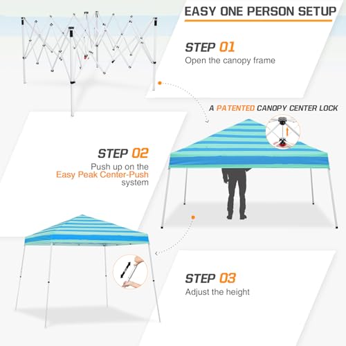 EAGLE PEAK 10x10 Slant Leg Pop-up Canopy Tent Easy One Person Setup Instant Outdoor Beach Canopy Folding Portable Sports Shelter 10x10 Base 8x8 Top (Green Blue Stripe) - color: Green Blue Stripe, size: 10x10