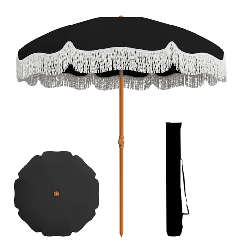 AreShark 7ft Patio Umbrella with Fringe, UPF50+ Beach Umbrella for Table, Pool & Garden, Portable Outdoor Tassels Umbrella w/Fiberglass Ribs&Push Bottom Tilt(Black) - color: Black, size: 7FT