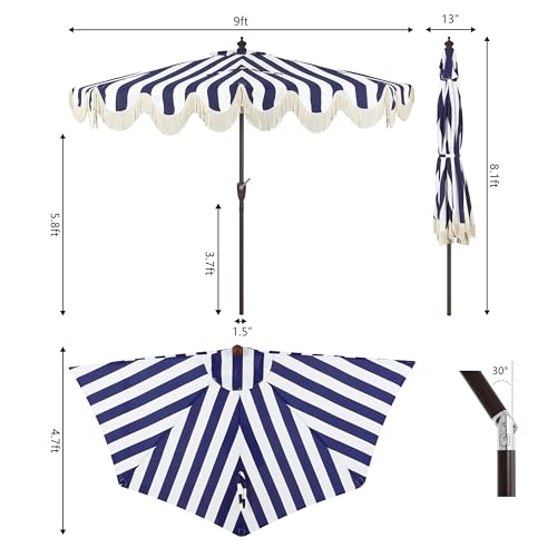 JONATHAN Y Half Umbrella UMB1201B Beverly 9 ft. Designer Classic Scalloped Fringe Market Patio with Crank, Push Button Tilt and UV Protection in Navy/White - color: Navy/White