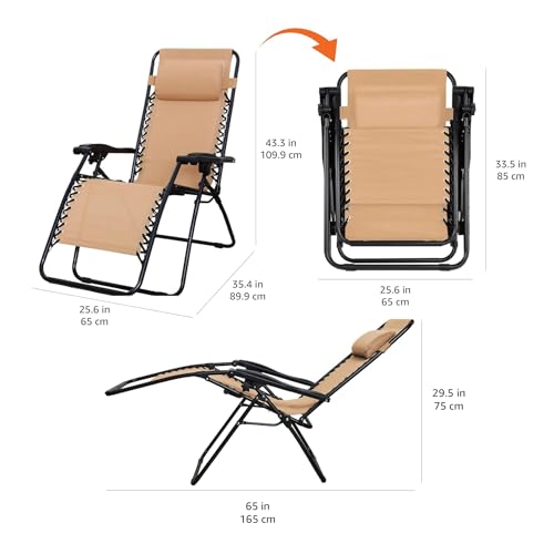 Amazon Basics Outdoor Patio Zero Gravity Folding Reclining Lounge Chair with Padded Headrest Pillow, Adjustable Lawn Chair for Outside, Weather-resistant Textilene, 26", Beige - color: Beige