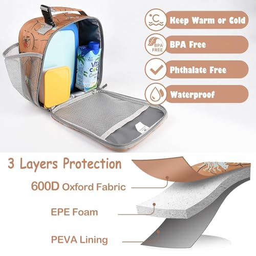 CaCTOUR Lunch Box Kids,Premium Insulated Lunch Bag for Girls Boys,Soft Bag Mini Cooler Back to School Thermal Reusable Lunch Bag for Work School Picnic （Brown Dino - color: C- B Dino