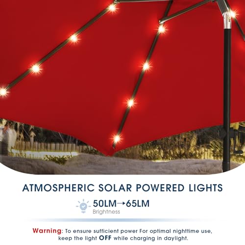 wikiwiki 10FT Solar Led Patio Umbrella with Base Included, 32 LED Lights, 8 Sturdy Ribs, Fade Resistant Waterproof POLYESTER DTY Canopy for Garden, Lawn, Deck, Backyard & Pool, Red - color: Red, size: 10FT