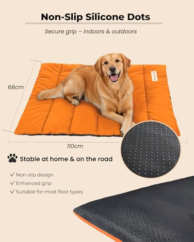 RovePad Trail Dog Bed Mat 43"x27" – Waterproof Non Slip Outdoor Travel Mat for Camping & Car – Silent Peachskin Roll-Up Pad for Medium & Large Dogs, Machine Washable - color: Orange