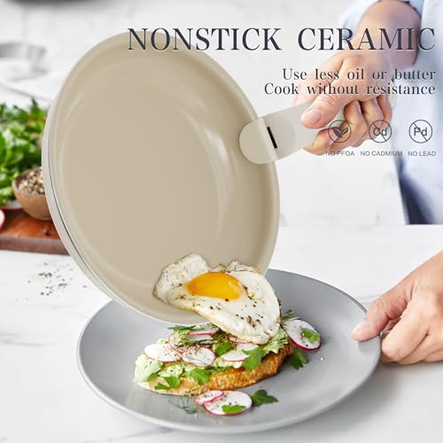 Ceramic Cookware Set - Kitchen Cookware Sets Detachable Handle Pots and Pans With Removable Handles Nonstick Frying Pans for Cooking Pot Set Nonstick Non Toxic Camping Cookware for RV Travel Gift - color: Light Brown