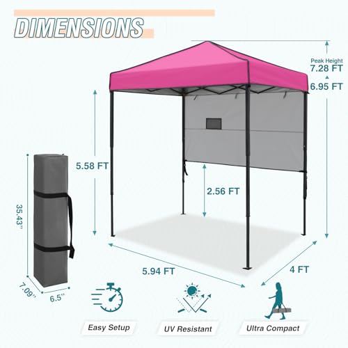 EAGLE PEAK 6x4 Instant Pop Up Canopy Tent with 1 Half Wall Panel, Straight Leg Sun Shelter, Portable Canopy with Carry Bag for Camping, Beach & Sports, Pink - color: Pink, size: Half Wall