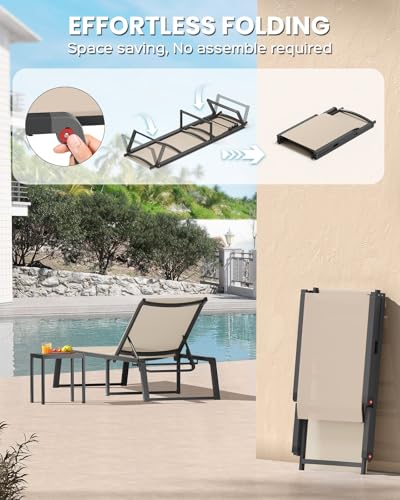 Aluminum Chaise Lounge Chair Outdoor, Foldable& No Assembly Patio Pool Lounge Chairs 5-Position Recliner for Outside, Fully Grounded Legs Sun Lounger for Poolside, Khaki, 2 Pack - color: Khaki, size: 2