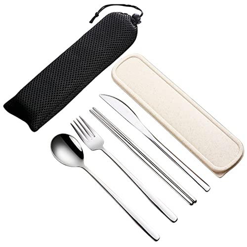 VANRA 4-Piece Portable Travel Utensils Set with Case 18/8 Stainless Steel Flatware Set Reusable Cutlery Set with Fork Spoon Knife Chopstick for Lunch Travel Camping School Work Picnic (Silver) - color: Silver, size: Fork Spoon Knife Chopstick