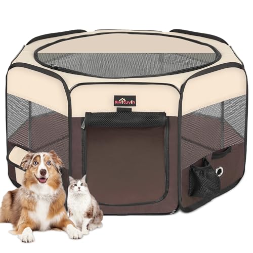 Aivituvin Dog Playpen, Foldable Pet Play Pens with Carrying Bag for Cat, Puppies, Rabbits, Portable Dog Tent Crates Cage for Travel Camping Indoor Outdoor, Removable Shade Cover, Brown S - color: BROWN, size: S