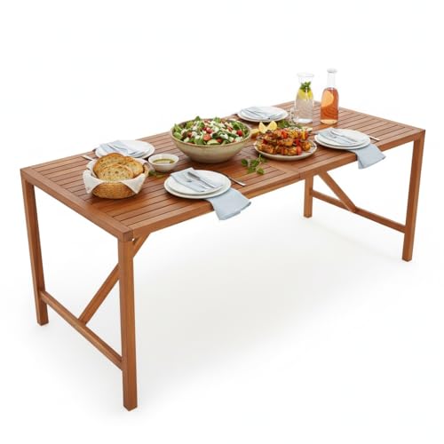 Tangkula 67" Acacia Wood Outdoor Dining Table for 6, Rectangle 6-Person Patio Table with 2" Umbrella Hole & Spacious Slatted Tabletop, Indoor Outdoor Dining Furniture for Deck, Garden, Poolside & Yard - size: 67"