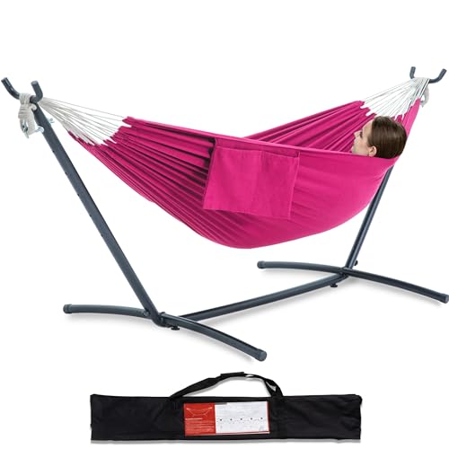 PNAEUT Double Hammocks with Stand for Outside, Portable Space Saving Heavy-Duty Steel Stand for Indoor Outdoor Patio with Carrying Bag, 450 lbs Capacity (Rose Pink) - color: Rose Pink