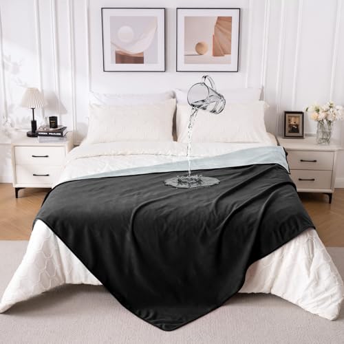 QiyI Waterproof Blanket for Bed Queen Size, Reversible Washable Pet-Friendly Flannel Throw Blanket, Leakproof Stain-Resistant Furniture Protector for Travel & Camping, 60"x80", Black/Light Grey - color: Black/Light Grey, size: 60"×80"