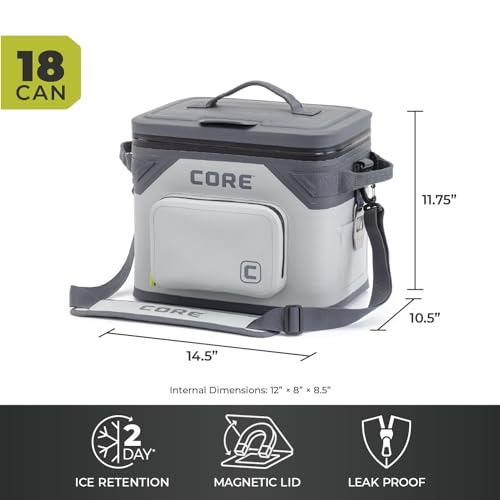 CORE Magnetic Leak Proof Soft Cooler with Waterproof Zipper | Insulated Bag Portable Ice Chest Box | Best Soft Cooler for Food & Beverages for Tailgating, Car Camping, Travel, and Family Beach Picnics - color: Shadow Gray, size: 18 Can
