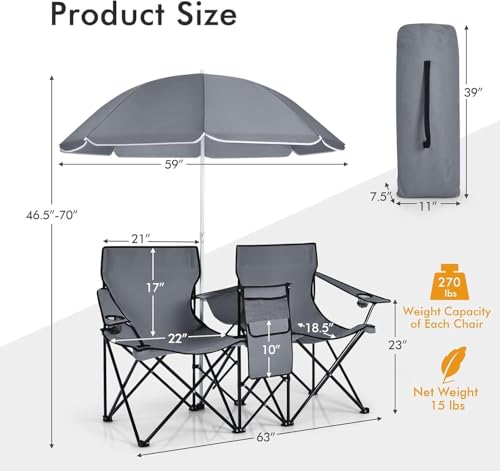 COSTWAY Double Portable Picnic Chairs, Folding Camping Chairs w/Detachable Umbrella, Cooler Bag, Cup Holders, Patio Beach Camping Chairs for Outdoors - color: Grey