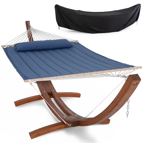 SUNCREAT Hammocks 2 Person Hammock with Stand, Hammock Cover, Portable Patio Hammock with 13.5 ft Wooden Stand, Navy - color: Navy
