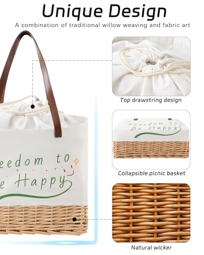Wicker Picnic Basket for 2 Person, Folding Picnic Basket Set with Waterproof Lining,Canvas and Willow Picnic Hamper with Utensils，for Outdoor, Camping, Beach，Wedding Gifts - size: Rectangle with Tableware