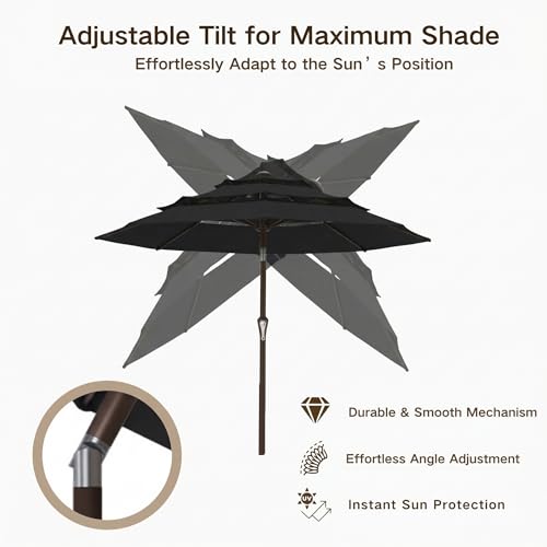 Kingdura 9ft 3-Tier Patio Umbrella, Outdoor Table Umbrella with Easy Crank & Tilt, 8 Reinforced Ribs, UV Protection for Deck, Pool, Market, Backyard (Black) - color: Black, size: 9 FT