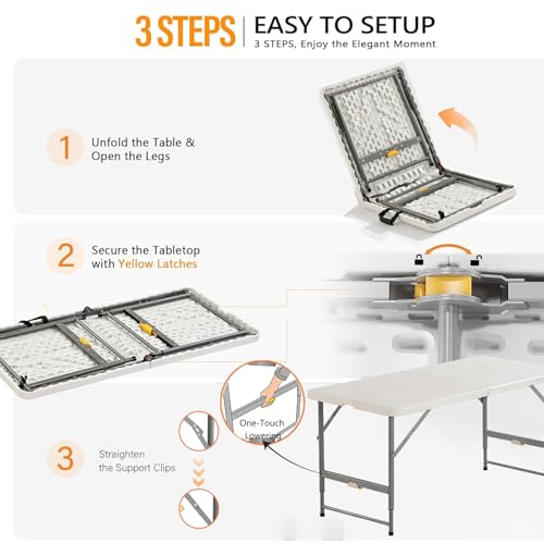 4FT Folding Table with One Press Adjustable Height,Fold in Half Portable Card Table with Carry Handle&Locking Steel Legs,Heavy Duty Plastic Utility Table for Party,Picnic,Camping Indoor Outdoor,White