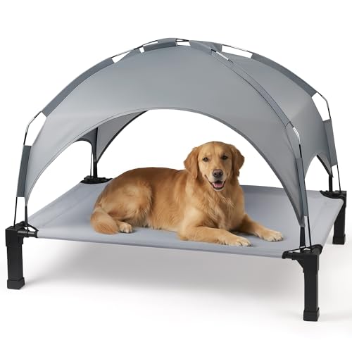 Heeyoo Elevated Dog Bed with Removable Canopy, Portable Dog Cot with Sun Protection Shade Tent, Raised Pet Cooling Cot Bed for Dogs, 51in - color: Grey, size: 51"L x 36"W x 9.5"H