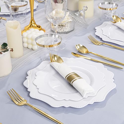 COLOSUS 350pcs White Plastic Plates Disposable Gold Cutlery Dinnerware set for party: 50 Dinner Plate, 50 Dessert Plate, 50 Per Rolled Napkins with Gold Silverware, 50 Cups 9 OZ for New Year - color: White