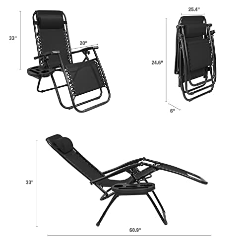 GUNJI Zero Gravity Chair Outdoor Lawn Folding Lounge Chairs Adjustable Reclining Patio Chairs Set of 2 with Cup Holder Lounge Gravity Chairs for Poolside, Backyard, Beach and Camping (Black) - color: Black