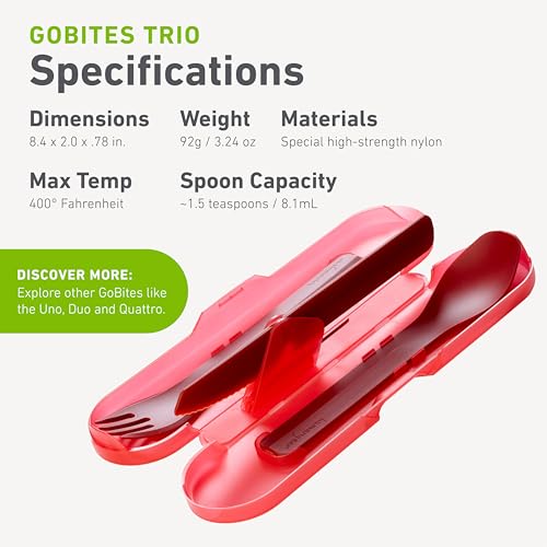 humangear GoBites Trio | Travel & Camping Utensils | Portable & Convertible Dining Ware | Multi-Functional Spork & Knife, Red - color: Red