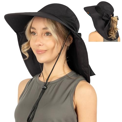 SUN CUBE Wide Brim Sun Hat with Neck Flap, UPF50+ Hiking Safari Fishing Hat for Men Women, Sun Protection Beach Hat - color: Black With Bow
