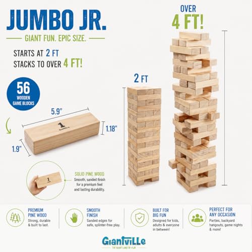 Giantville Giant Tumbling Timber Toy - STEAM-Credited Premium Pine Wood Blocks Tower - Indoor/Outdoor Yard Game for Kids & Adults - 56 Pieces + Carry Bag - Grows to Over 4 Feet - size: X-Large