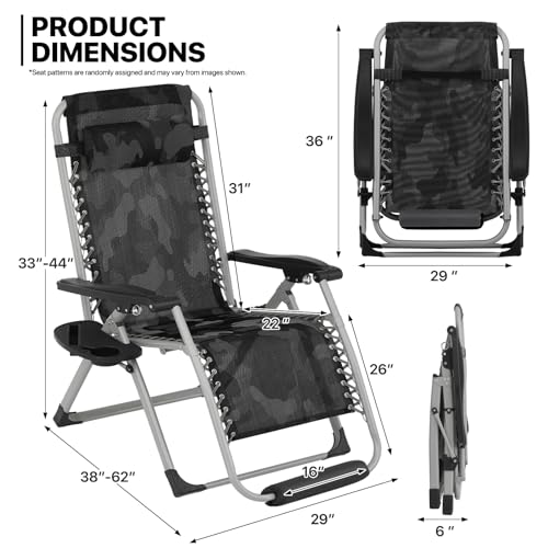 MoNiBloom 29-Inch Oversized Zero Gravity Lounge Chair with Cushion, Padded Patio Anti Gravity Recliner, XL Foldable Outdoor Lounger, Headrest and Footrest for Beach Camping, Camouflage - color: Camouflage, size: 29-Inch with Footrest 1-Pack