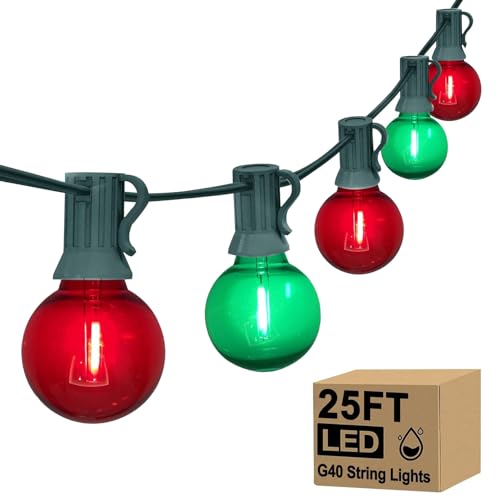 25Ft Outdoor Red/Green Christmas Lights, G40 Globe Patio String Light with 25 Shatterproof Bulbs(2 Spare), Outside Christmas Vintage Lights for Holiday Party Backyard Porch Decor, Green Wire - color: Clear Red/Green, size: 25Ft