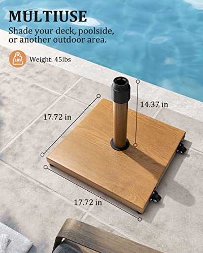 45lbs Patio Umbrella Base with Wheels, Heavy Duty Fringe Umbrella Stand Pre-Filled Concrete, No Sand/Water Needed, Fits 6-12ft Umbrella, Wind-Resistant for Deck, Poolside, Balcony - color: Teak
