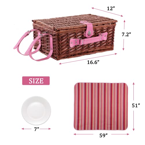 Wicker Picnic Basket for 4 with Waterproof Picnic Blanket and Insulated Cooler, Willow Hamper for Camping, Outdoors, Photoshoot, or a Birthday, Valentine’s Day, Wedding Gift, Pink - color: Pink Stripe