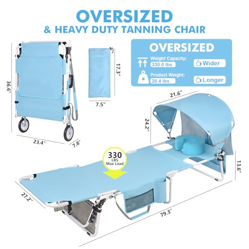 Wheel-To-Go Oversized Tanning Chair with Face Hole & Wheels | Portable Heavy Duty Folding Lounge Chair | Outside Sunbathing Reading Relaxing Beach Poolside Lawn | XL Wide | 330 LBS (Patent Design) - color: Light Blue, style: Oversized + Sun Canopy Style