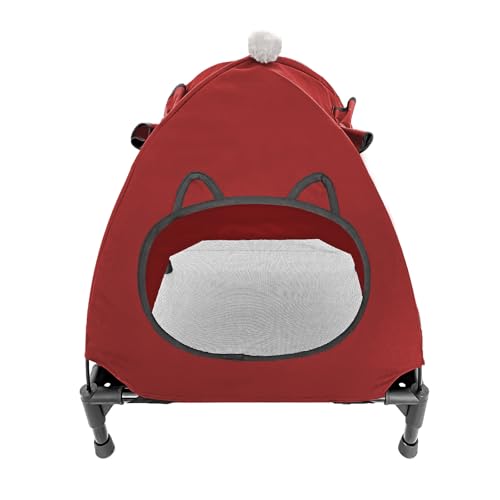 Pozico Elevated Pet Bed with Breathable Mesh for Small Cat and Dog, Raised Cooling Pet Cot for Puppy and Kitty, 18.9x18.9 inch (Red Bed with Canopy) - color: Red Bed with Canopy