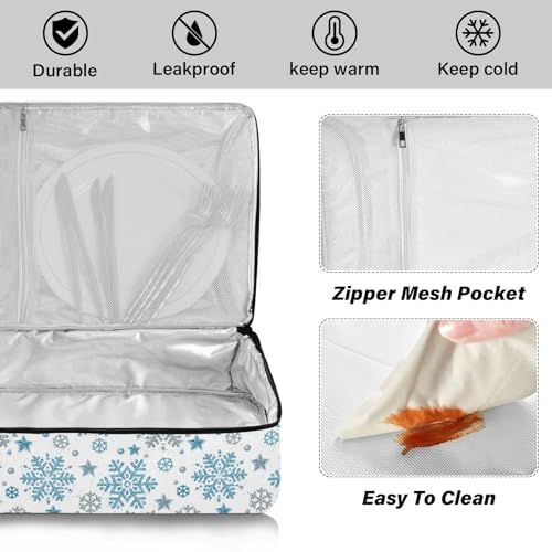 Christmas Snowflake Pizza Bag Thermal Tote Winter Blue White Sliver Xmas Insulated Casserole Cookware Carrier for Hot or Cold Food Fits 15" x 11" Baking Dish for Pockluck, Parties, Picnic,and Cookouts - color: Snowflake White