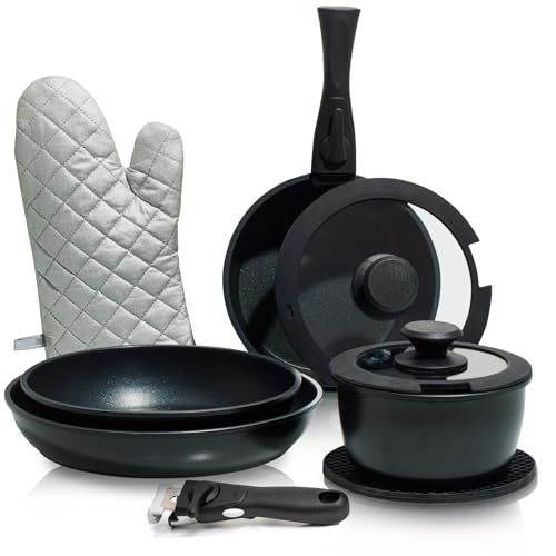Moss & Stone 10pcs Nonstick Cookware Pans with Removable Handles, Space Saving Pots and Pans with Removable Handles, RV Pots and Pans Set for Camping, Oven and Induction Ready - size: 10 Pcs Black