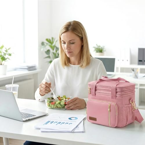 MIYCOO Lunch Bag & Lunch Box for Women Men Double Deck - Leakproof Insulated Soft Large Adult Lunch Cooler Bag for Work, Beach, Picnic, Camping, Travel (Pink,15L) - color: Pink
