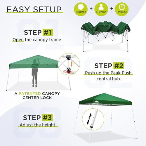 EAGLE PEAK 11x11 Slant Leg Pop-up Canopy Tent Easy One Person Setup Instant Outdoor Beach Canopy Folding Portable Sports Shelter 11' x 11' Base 9' x 9' Top (Green) - color: Green, size: 11x11