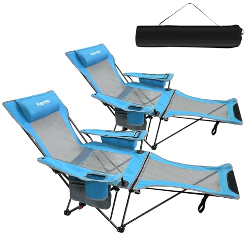 2-Pack Reclining Camping Chair 4 Position with Foot Rest Comfortable for Adults 265Ibs Folding Lounger Mesh Beach Chair with Cooler Bag and Cup Holder for Outdoor Patio - color: Blue, style: 2-Pack - No Cotton Pad