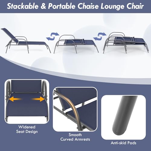 Giantex 2 Pack Patio Lounge Chair, Outdoor Chaise Lounge with 5 Adjustable Backrest, Sturdy Steel Frame, Sunbathing Recliner, Beach Chair, Tanning Chair for Outside, Yard, Balcony, Pool Chairs, Navy - color: Navy
