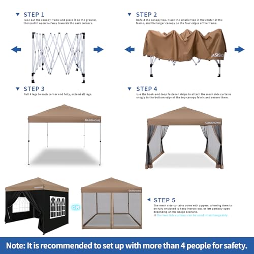 OASISHOME Pop-up Gazebo Instant Portable Canopy Tent 10'x10', with 2 Styles Sidewalls,Netting, Windows, Wheeled Bag, for Patio/Outdoor/Wedding Parties and Events(Khaki，10x10) - color: Khaki with 2 styles Sidewalls