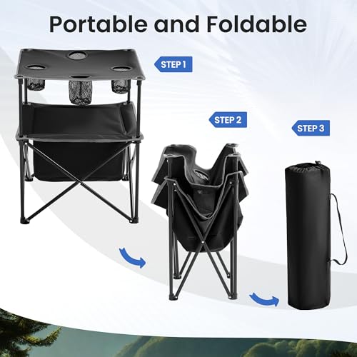 Portable Outdoor Folding Camping Table with 4 Cup Holders & Cooler Compartment, Waterproof Picnic Table for Picnic, BBQ, Beach, Hiking (Dark Black, 1 PCS) - color: Dark Black