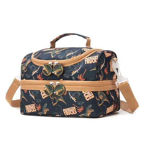 Insulated Kids Dual Compartment Lunch Bags Tote for Girls Boys Toddler Lunch Boxes Pre-School Toddler Kindergarten Picnic Camp Food Cooler Thermal with Strap (Z Trucks Dinos) - color: Z Trucks Dinos