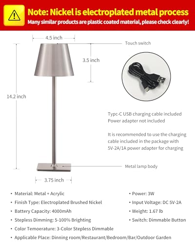 KDG 2 Pack Cordless Table Lamp,Portable LED Desk Lamp, 4000mAh Battery Operated, 3 Color Stepless Dimming Up, for Restaurant/Bedroom/Bars/Outdoor Party/Camping/Coffee Shop Night Light(Brushed Nickel) - color: Electroplated Brushed Nickel-2