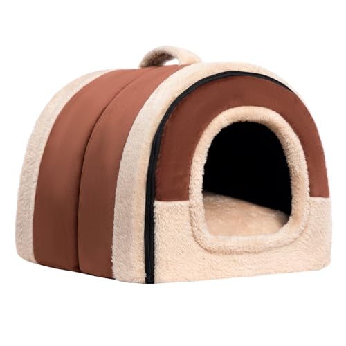Hollypet Cat Bed Self-Warming 2 in 1 Foldable Kitty Cave Hut House Nest Pet Sleeping Bed, Crystal Velvet Pet Condo for Indoor Cats, Brown Arched Cave - color: Brown Arched Cave