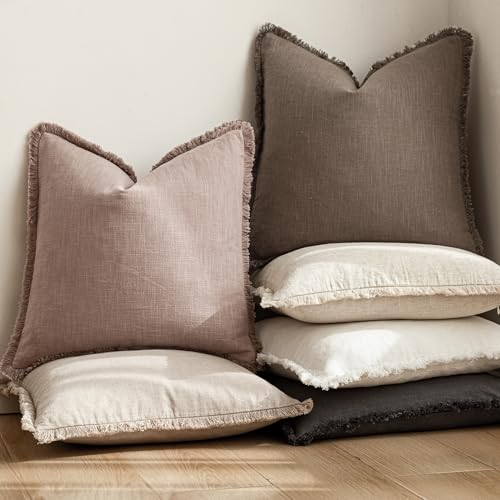Foindtower Decorative Linen Fringe Throw Pillow Covers Cozy Boho Farmhouse Cushion Cover with Tassels Soft Accent Pillowcase for Chair Sofa Bed Living Room Home Decor, 16×16 Inch,1PC,Dusty Pink - color: Rose Dust, size: 16" x 16" (Pack of 1)