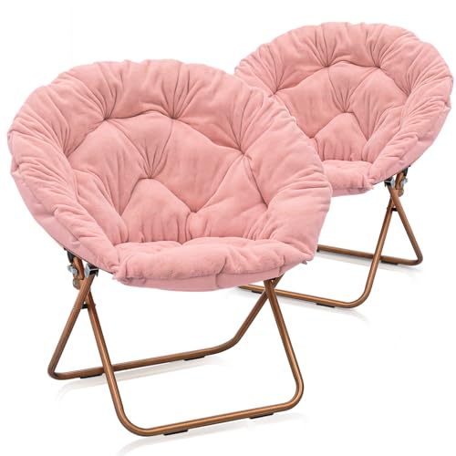 MoNiBloom Round Folding Faux Fur Saucer Chair for Bedroom Living Room Dorm Foldable Metal Frame Oversized Large Comfy Furry Padded Soft Lounge Lazy Cozy Moon Chair for Adults (Pink, 2 Pieces) - color: Pink