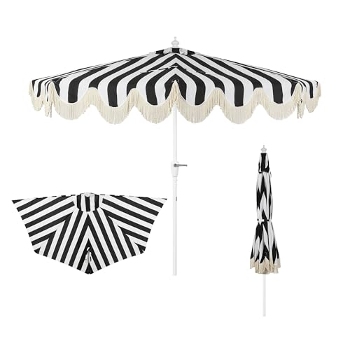 JONATHAN Y Half Umbrella UMB1201H Beverly 9 ft. Designer Classic Scalloped Fringe Market Patio with Crank, Tilt Button and UV Protection in Black/White, White Pole - color: Black/White - White Pole