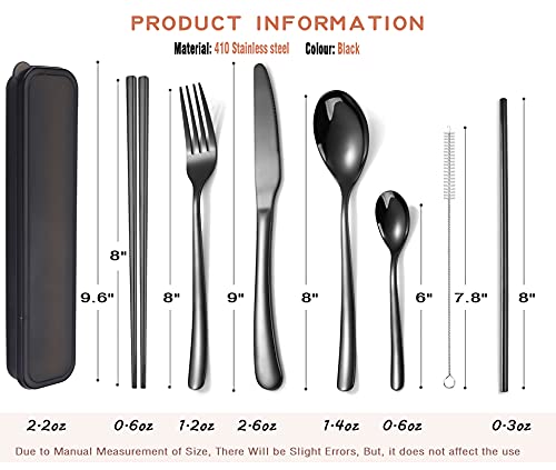 AARAINBOW 6 Pieces Stainless Steel Flatware Set Portable Reusable Cutlery Set Travel Utensils Set Including Chopsticks Knife Fork Spoon Straws Cleaning Brush Dishwasher Safe (7 Black) - color: 7 Black