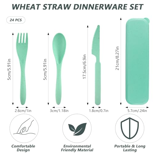 24 Sets Reusable Travel Utensils Set with Case, Wheat Straw Portable Knife Fork Spoons Cutlery, Eco-Friendly BPA Free Plastic Tableware for Kids Adults Travel Picnic Camping Utensils (8 Colors)