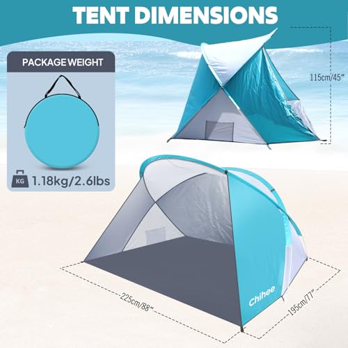 Chihee Pop-Up Beach Tent for 1-2 Person UV Protection Silver Coated Fabric Portable Sun Shelter,Crossed Fiberglass Poles Windproof Sandbags Ropes Pegs, Lightweight Instant Setup Beach Outdoor Shade
